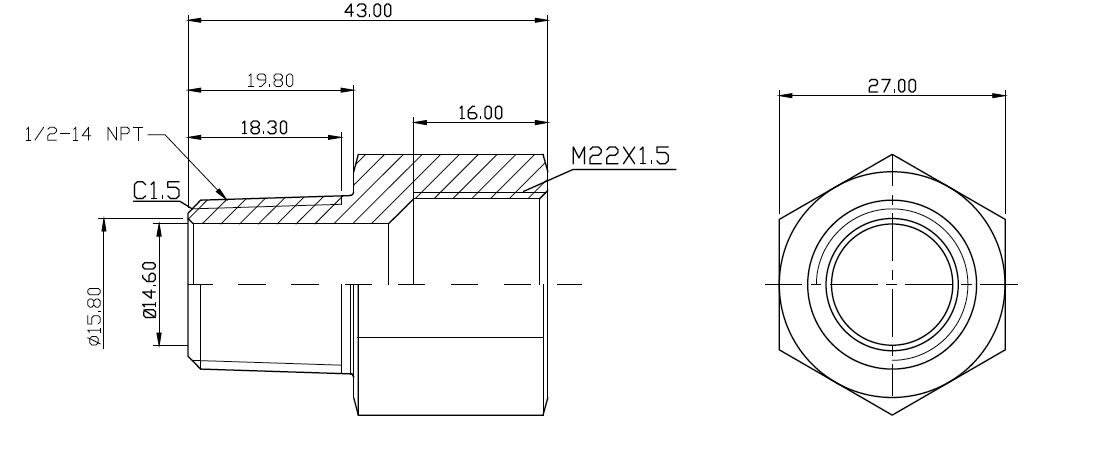 スチールアダプター NPT 1/2 インチオス - M22x1.5 メス継手 HEX 27 L=43mm/1.7 インチ