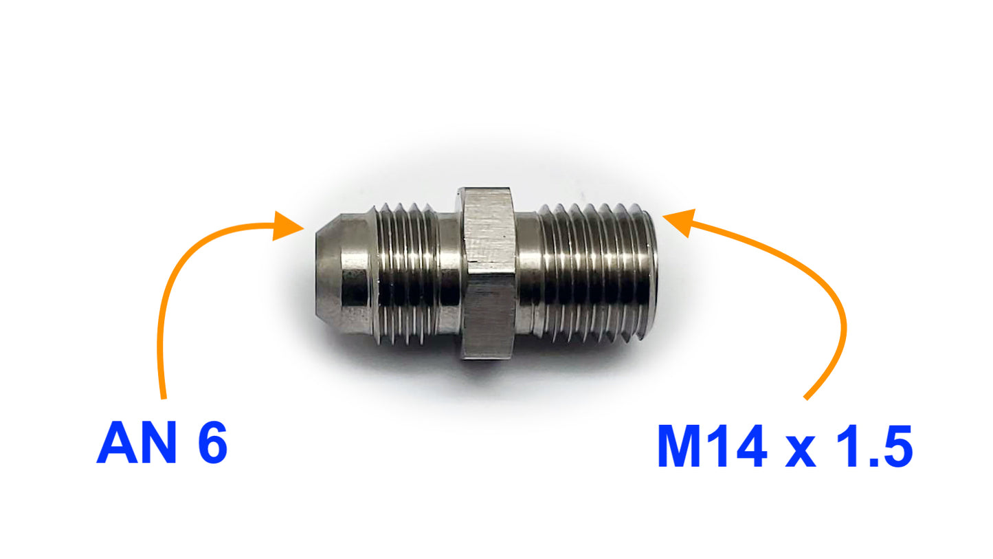 AN6 AN-6 から M14x1.5 メトリックステンレスブレーキ継手アダプター 9/16x18 UNF