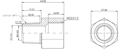 スチールアダプター NPT 1/2 インチオス - M22x1.5 メス継手 HEX 27 L=43mm/1.7 インチ